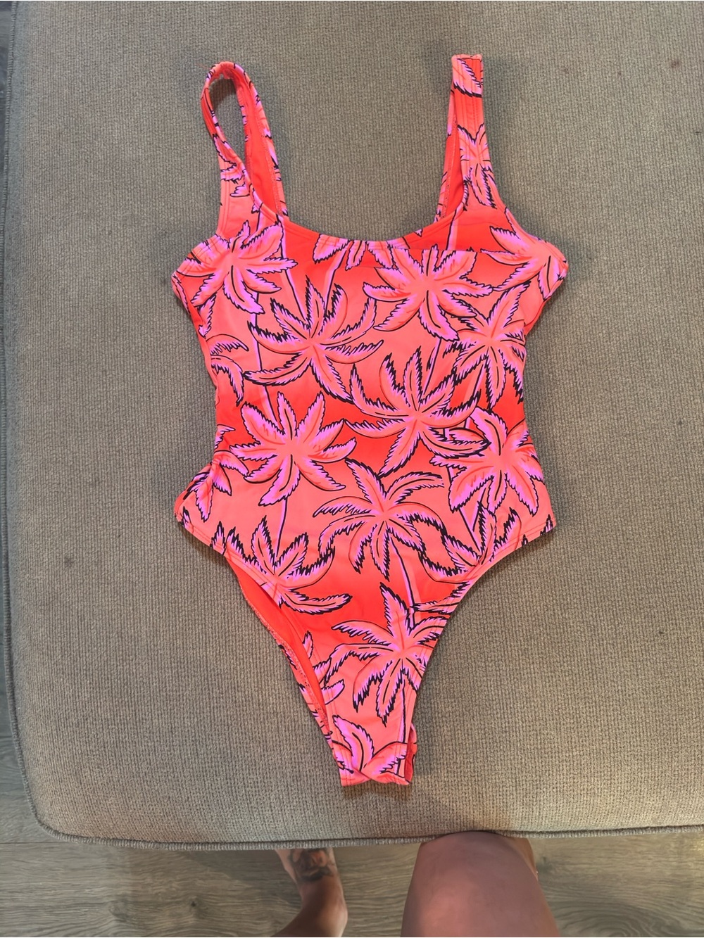 Coral Pink Palm-Print One-Piece Swimsuit